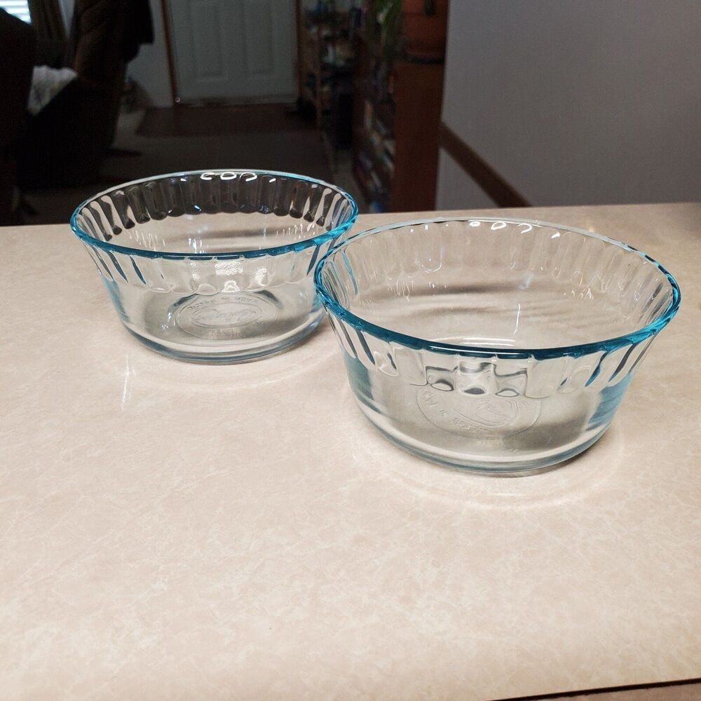 Set of 2 Vintage Colorex Ice Blue Glass Custard Cup Dessert Bowl Scallop Ramekin